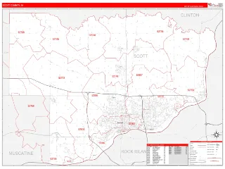 Scott County, IA RedLine style ZIP Code wall map
