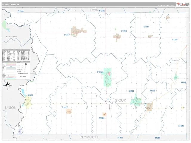 Sioux County, IA ZIP Code Wall Map, Classic style