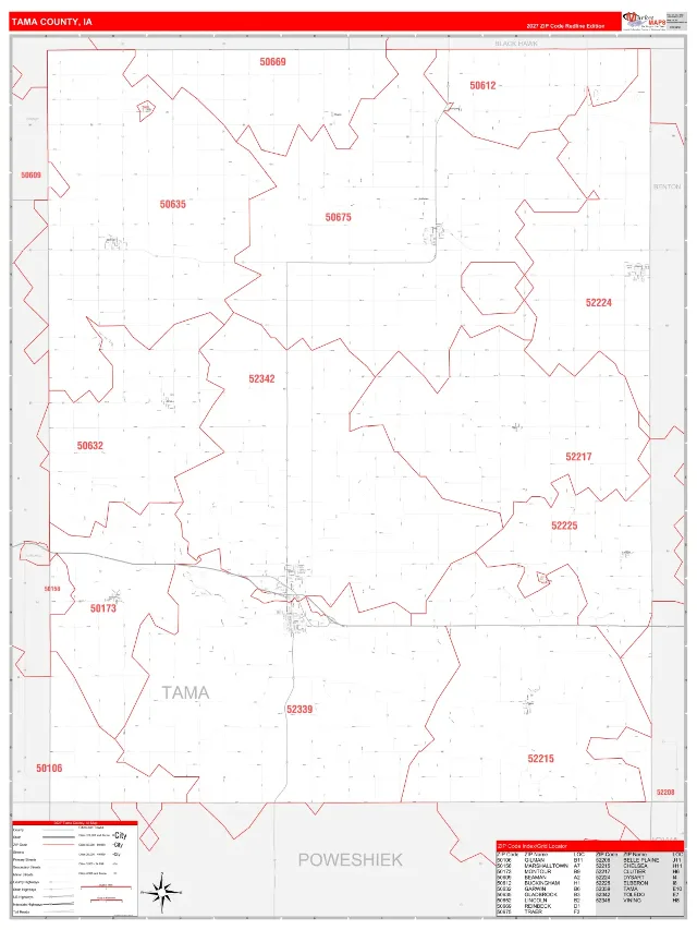 Tama County, IA ZIP Code Wall Map, RedLine style