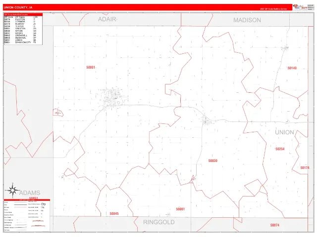 Union County, IA ZIP Code Wall Map, RedLine style