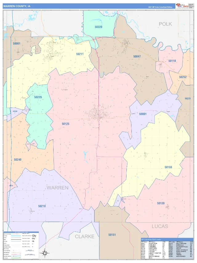 Warren County, IA ZIP Code Wall Map, ColorCast style