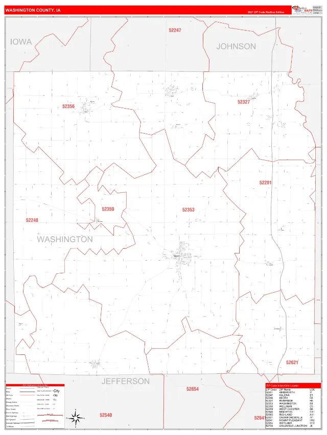 Washington County, IA ZIP Code Wall Map, RedLine style