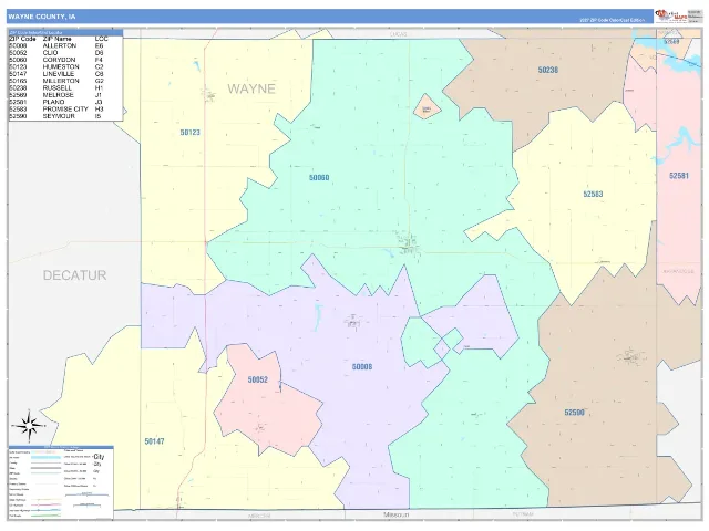 Wayne County, IA ZIP Code Wall Map, ColorCast style