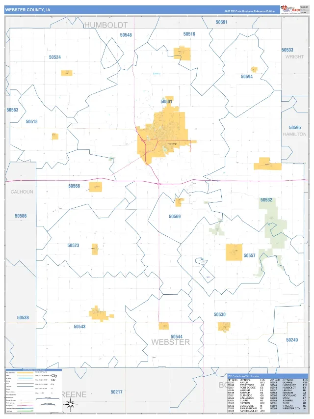Webster County, IA ZIP Code Wall Map, Business Reference style