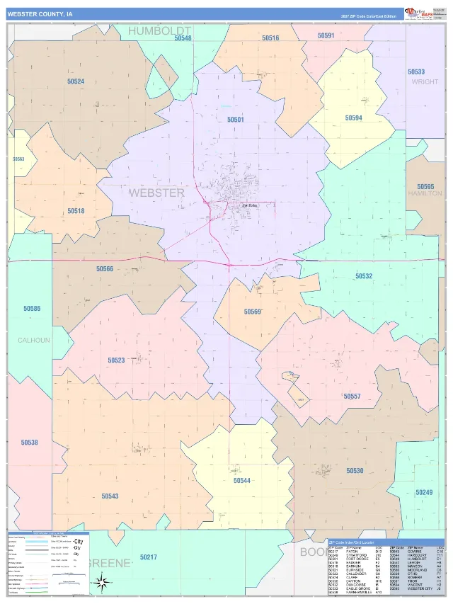 Webster County, IA ZIP Code Wall Map, ColorCast style