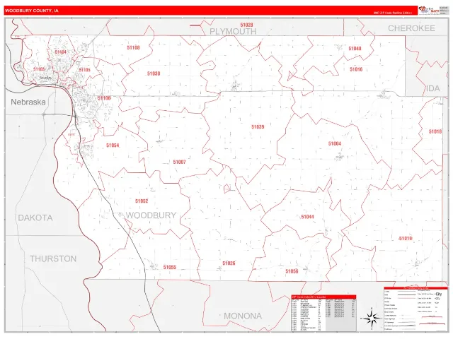 Woodbury County, IA ZIP Code Wall Map, RedLine style