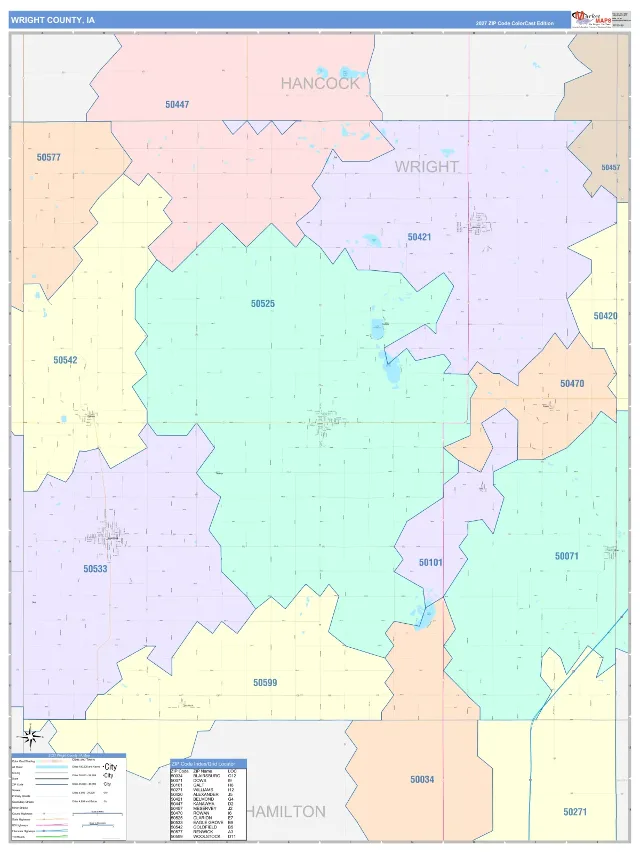 Wright County, IA ZIP Code Wall Map, ColorCast style