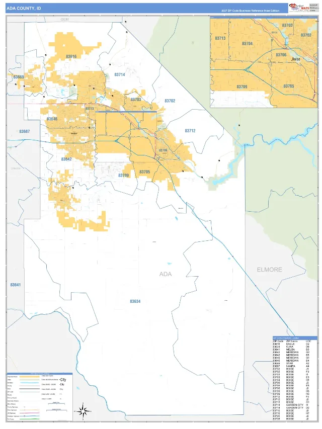 Ada County, ID ZIP Code Wall Map, Business Reference style