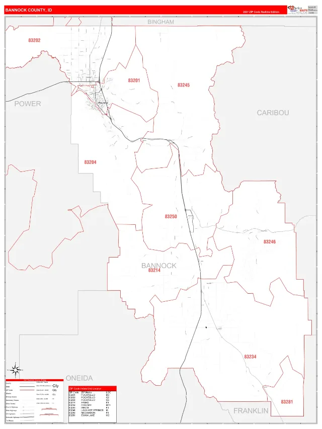 Bannock County, ID ZIP Code Wall Map, RedLine style