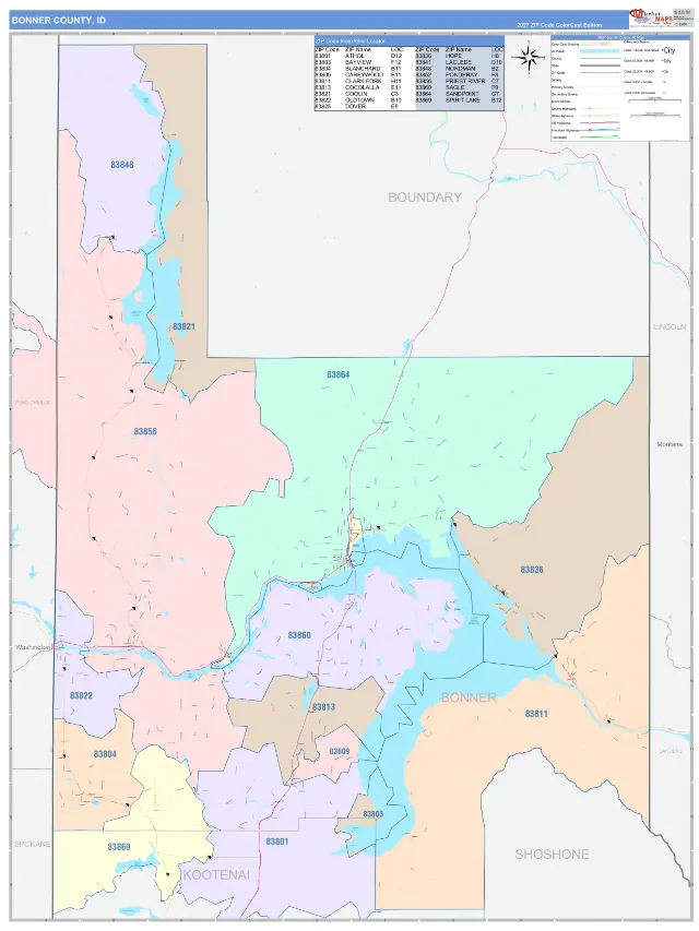 Bonner County, ID ZIP Code Wall Map, ColorCast style