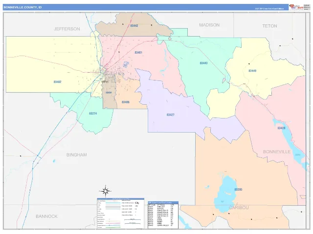 Bonneville County, ID ZIP Code Wall Map, ColorCast style