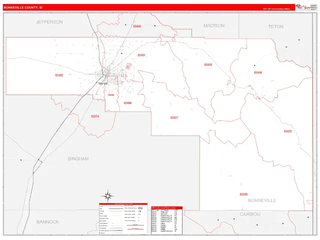 Bonneville County, ID ZIP Code Wall Map, RedLine style