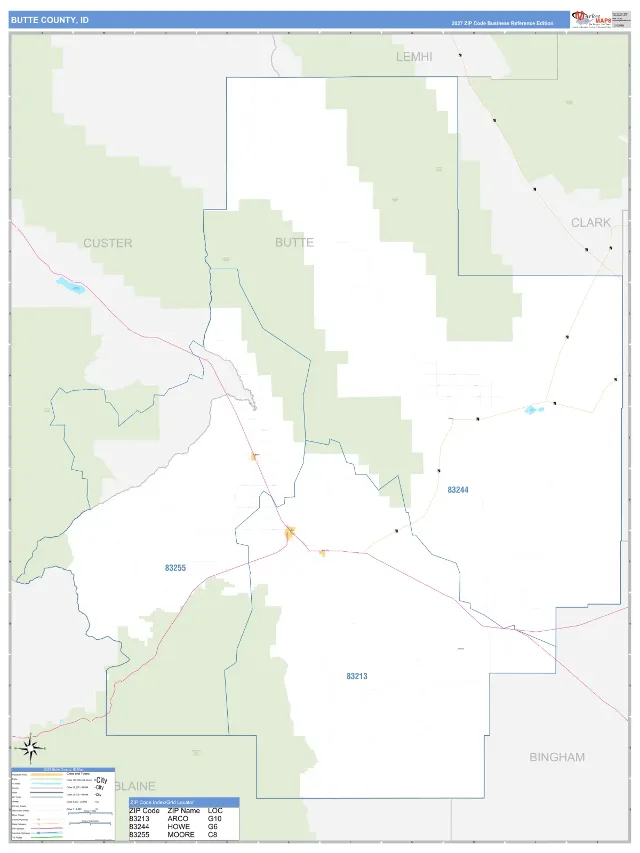 Butte County, ID ZIP Code Wall Map, Business Reference style