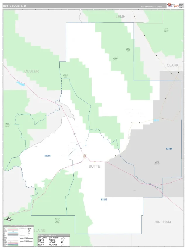 Butte County, ID ZIP Code Wall Map, Classic style