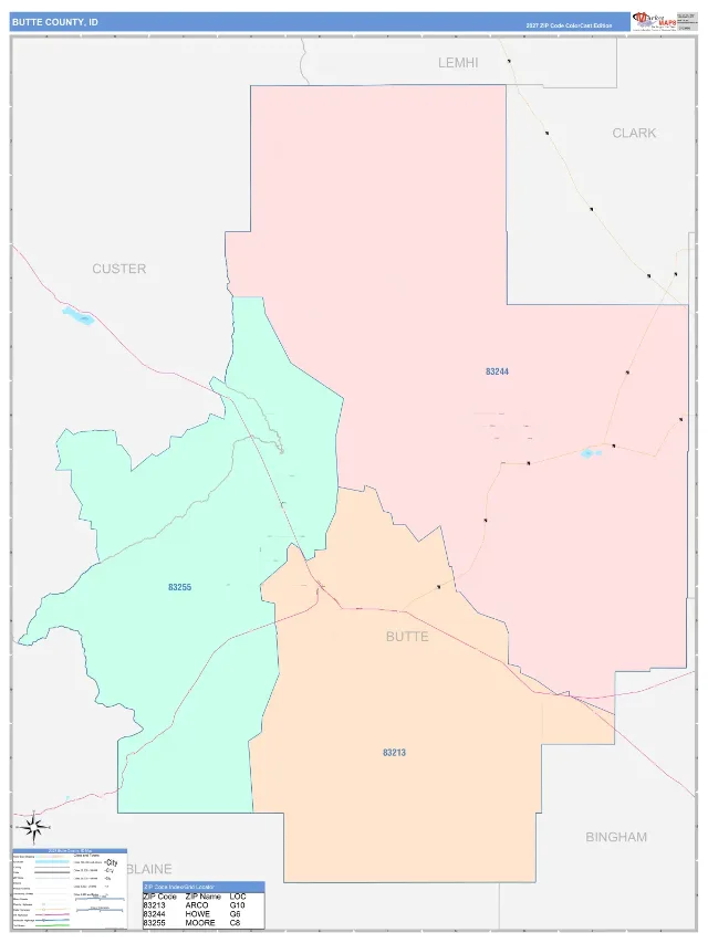 Butte County, ID ZIP Code Wall Map, ColorCast style
