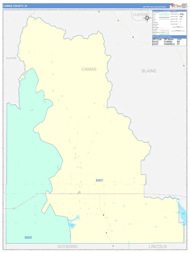 Camas County, ID ZIP Code Wall Map, ColorCast style