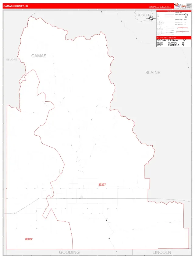 Camas County, ID ZIP Code Wall Map, RedLine style