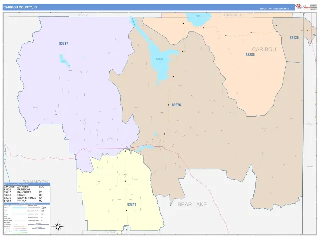 Caribou County, ID ZIP Code Wall Map, ColorCast style