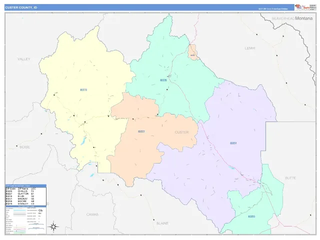 Custer County, ID ZIP Code Wall Map, ColorCast style