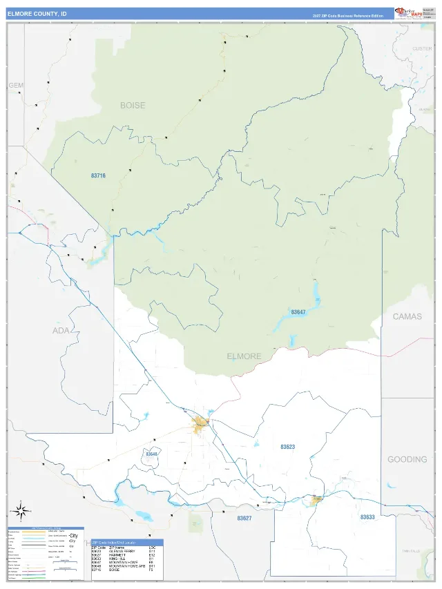 Elmore County, ID ZIP Code Wall Map, Business Reference style