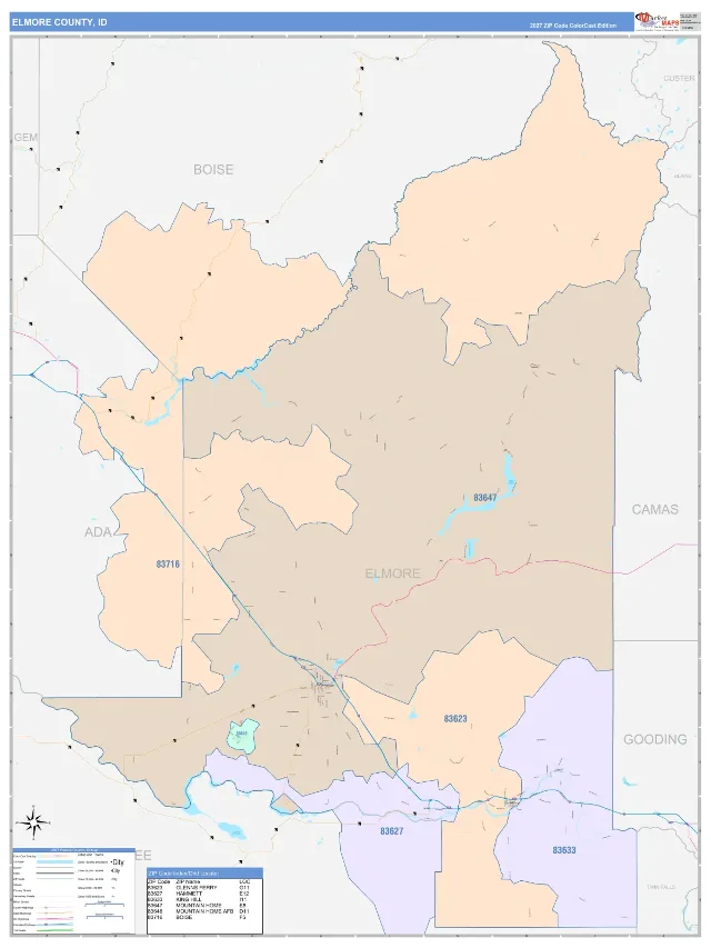 Elmore County, ID ZIP Code Wall Map, ColorCast style