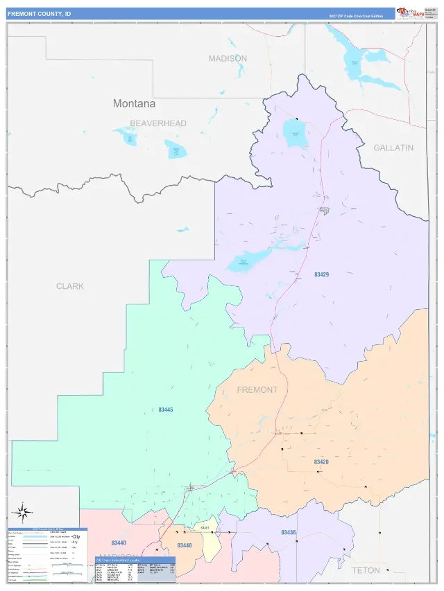 Fremont County, ID ZIP Code Wall Map, ColorCast style