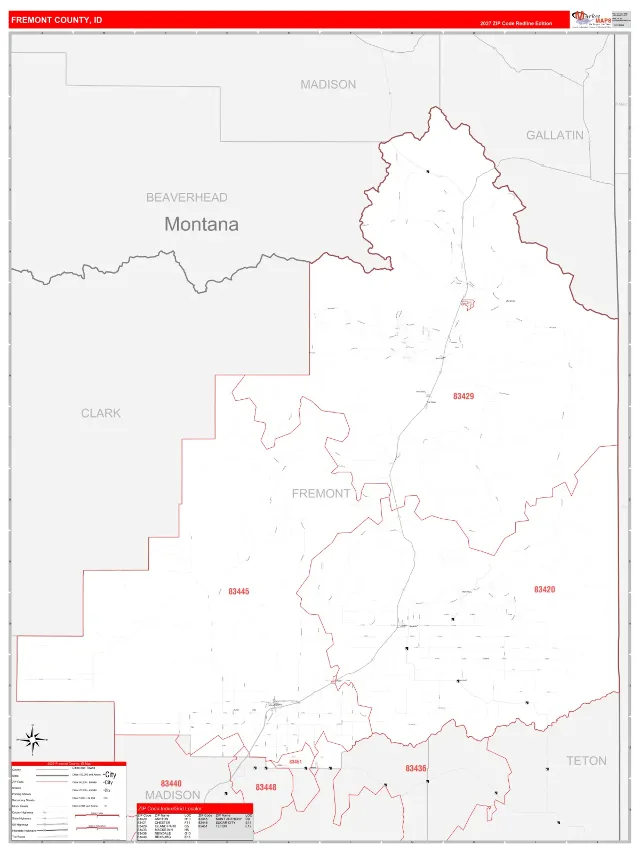 Fremont County, ID ZIP Code Wall Map, RedLine style