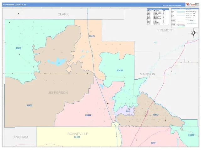 Jefferson County, ID ZIP Code Wall Map, ColorCast style