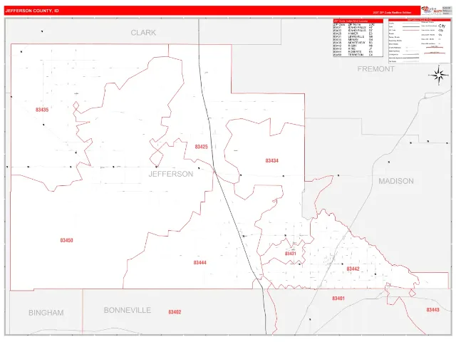 Jefferson County, ID ZIP Code Wall Map, RedLine style