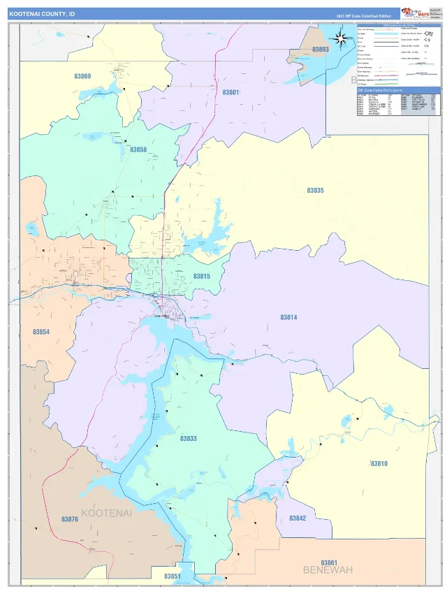 Kootenai County, ID ZIP Code Wall Map, ColorCast style