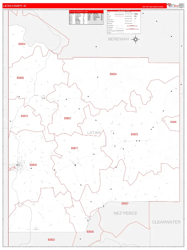 Latah County, ID ZIP Code Wall Map, RedLine style