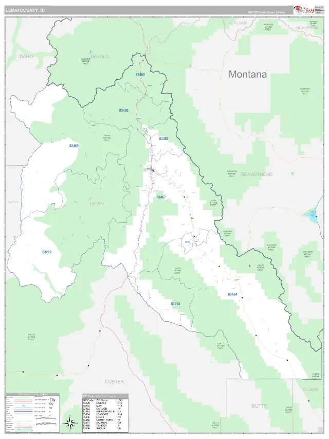 Lemhi County, ID ZIP Code Wall Map, Classic style