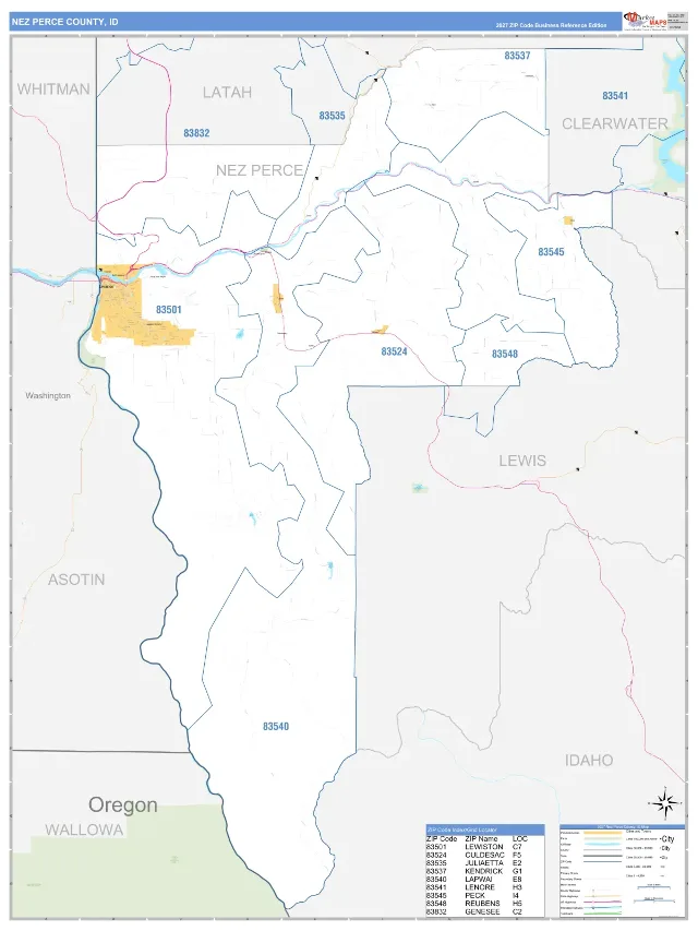 Nez Perce County, ID ZIP Code Wall Map, Business Reference style