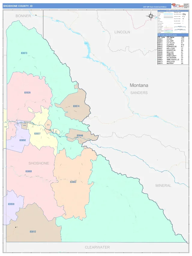 Shoshone County, ID ZIP Code Wall Map, ColorCast style