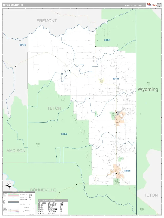 Teton County, ID ZIP Code Wall Map, Classic style