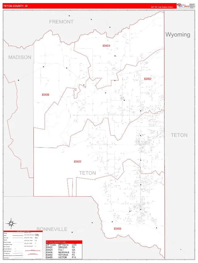 Teton County, ID ZIP Code Wall Map, RedLine style