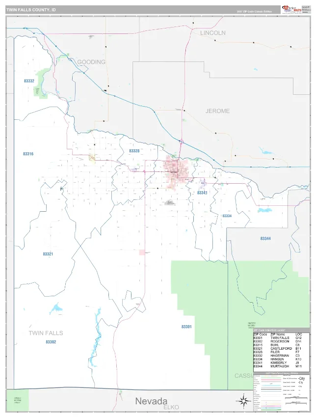 Twin Falls County, ID ZIP Code Wall Map, Classic style