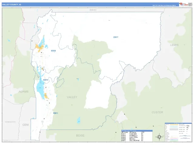 Valley County, ID ZIP Code Wall Map, Business Reference style