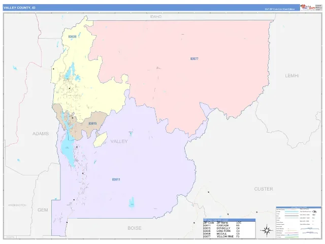 Valley County, ID ZIP Code Wall Map, ColorCast style