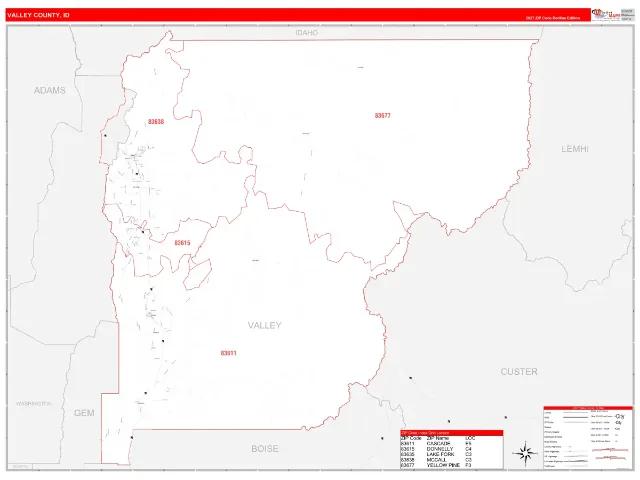 Valley County, ID ZIP Code Wall Map, RedLine style