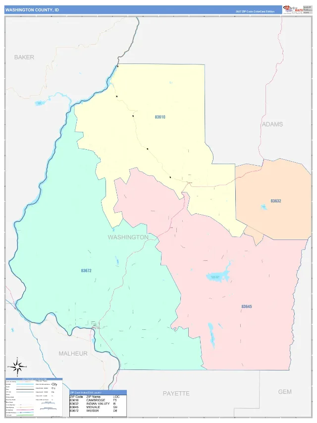 Washington County, ID ZIP Code Wall Map, ColorCast style
