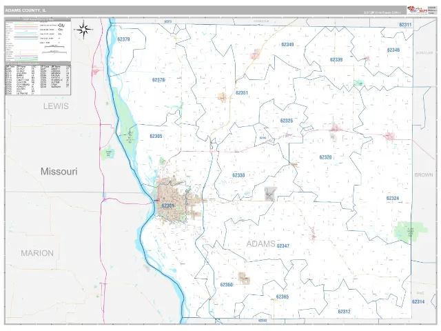 Adams County, IL ZIP Code Wall Map, Classic style