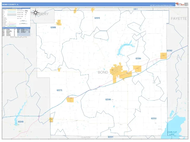 Bond County, IL ZIP Code Wall Map, Business Reference style