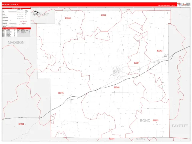 Bond County, IL ZIP Code Wall Map, RedLine style