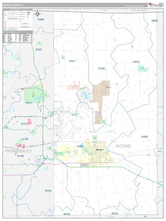 Boone County, IL ZIP Code Wall Map, Classic style