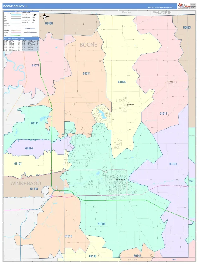Boone County, IL ZIP Code Wall Map, ColorCast style