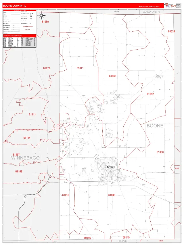 Boone County, IL ZIP Code Wall Map, RedLine style