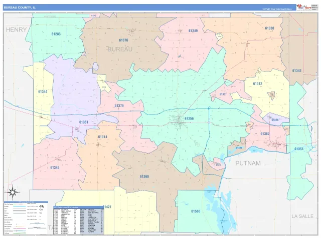 Bureau County, IL ZIP Code Wall Map, ColorCast style