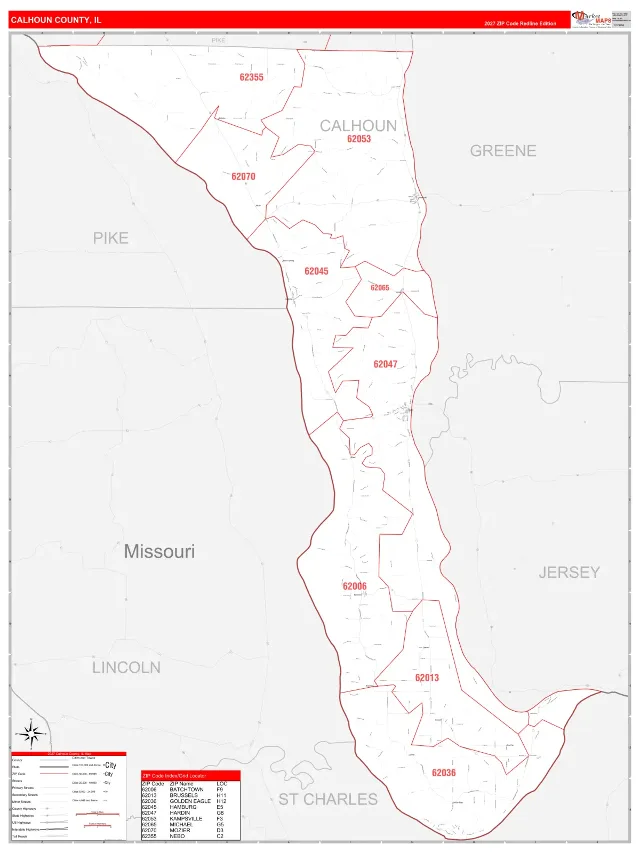 Calhoun County, IL ZIP Code Wall Map, RedLine style