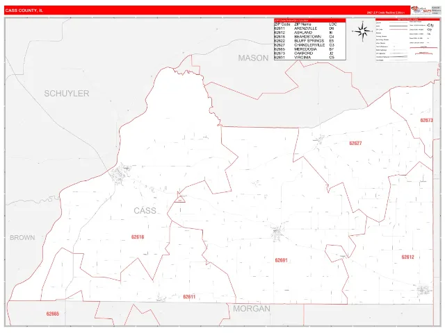 Cass County, IL ZIP Code Wall Map, RedLine style